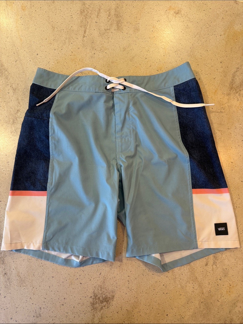 Vans Men’s Light Blue Colorblock Swim Shorts with Navy and White Panels